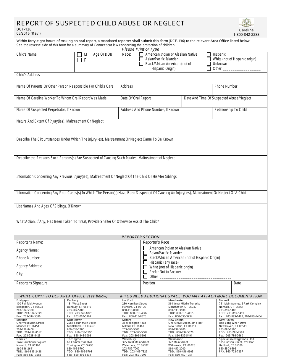Form DCF-136 Report of Suspected Child Abuse or Neglect - Connecticut, Page 1