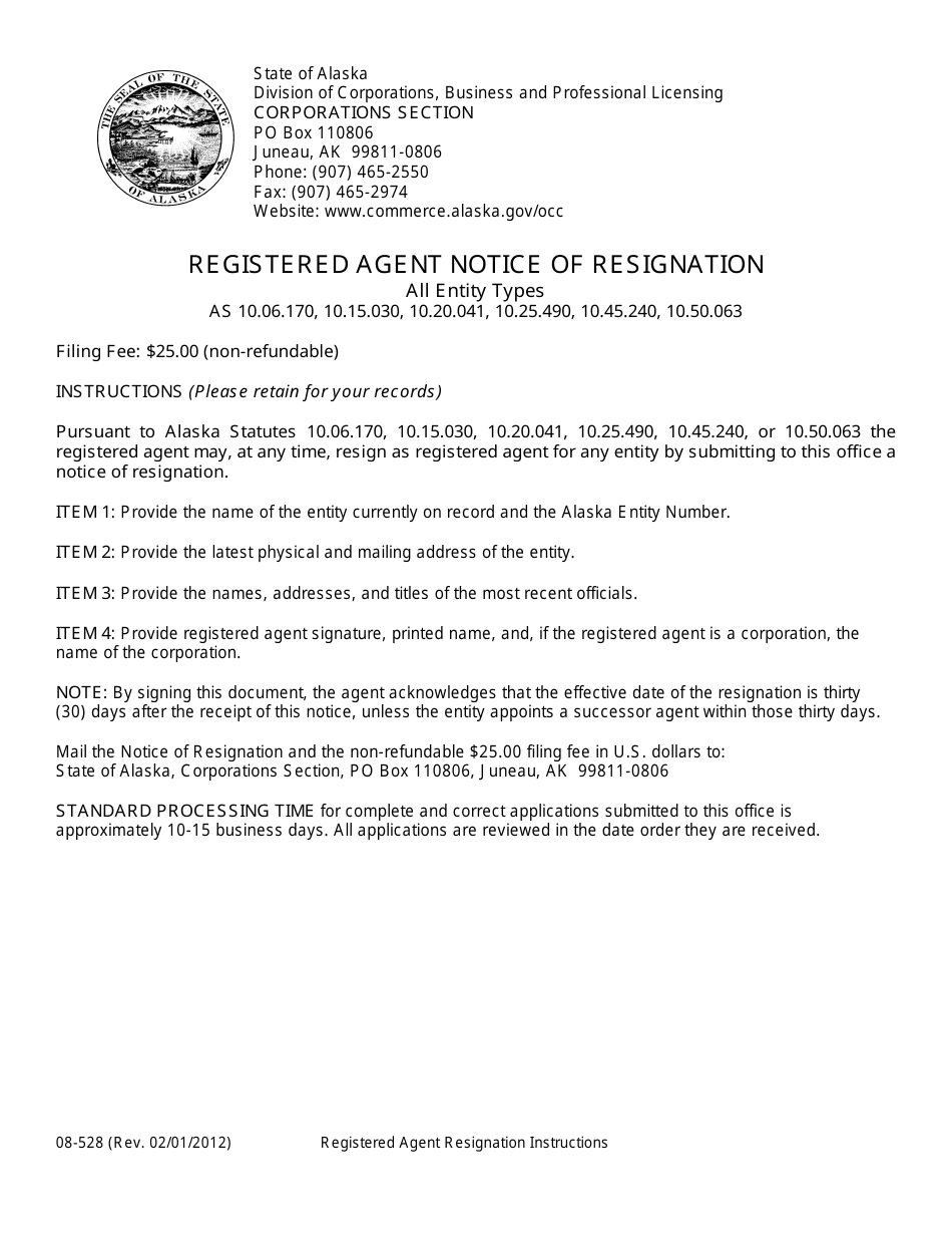Form 08-528 Registered Agent Notice of Resignation - Alaska, Page 1