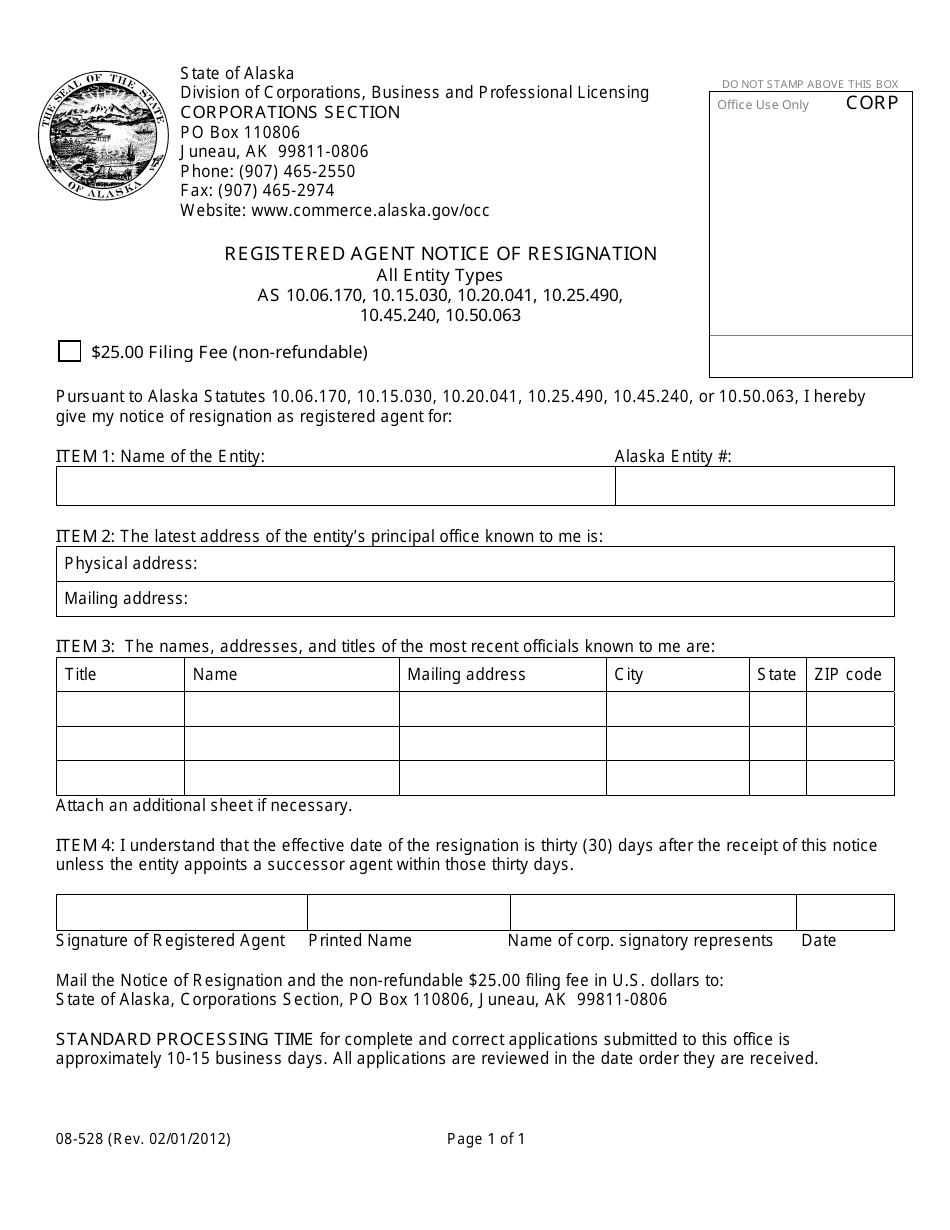 Form 08 528 Download Fillable Pdf Or Fill Online Registered Agent Notice Of Resignation Alaska 6151