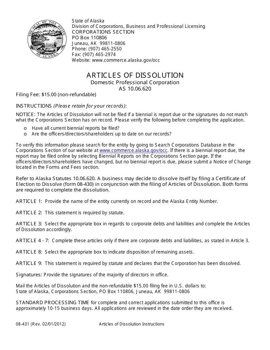 Form 08-431 Articles of Dissolution for Domestic Professional Corporation - Alaska, Page 1