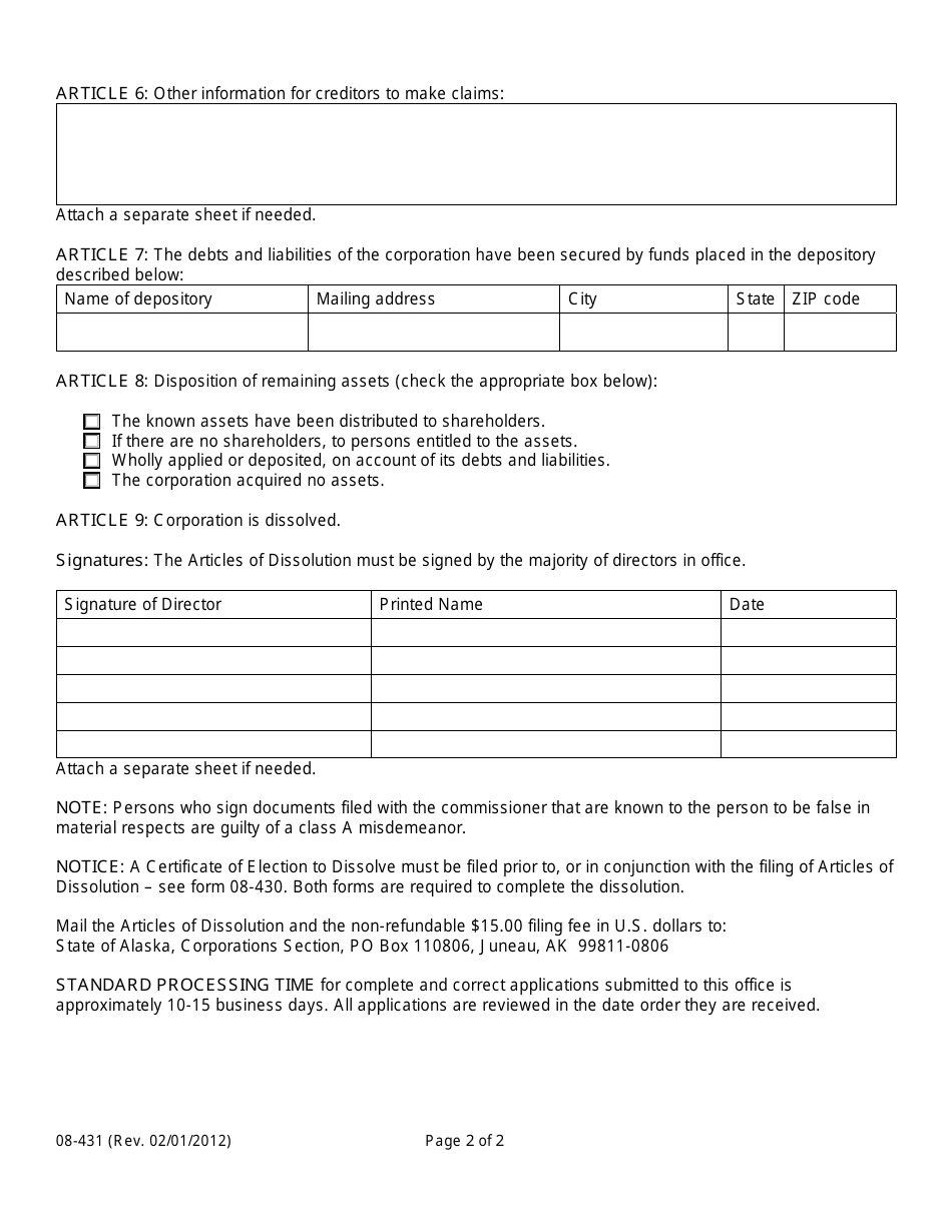 Form 08-431 - Fill Out, Sign Online and Download Fillable PDF, Alaska ...