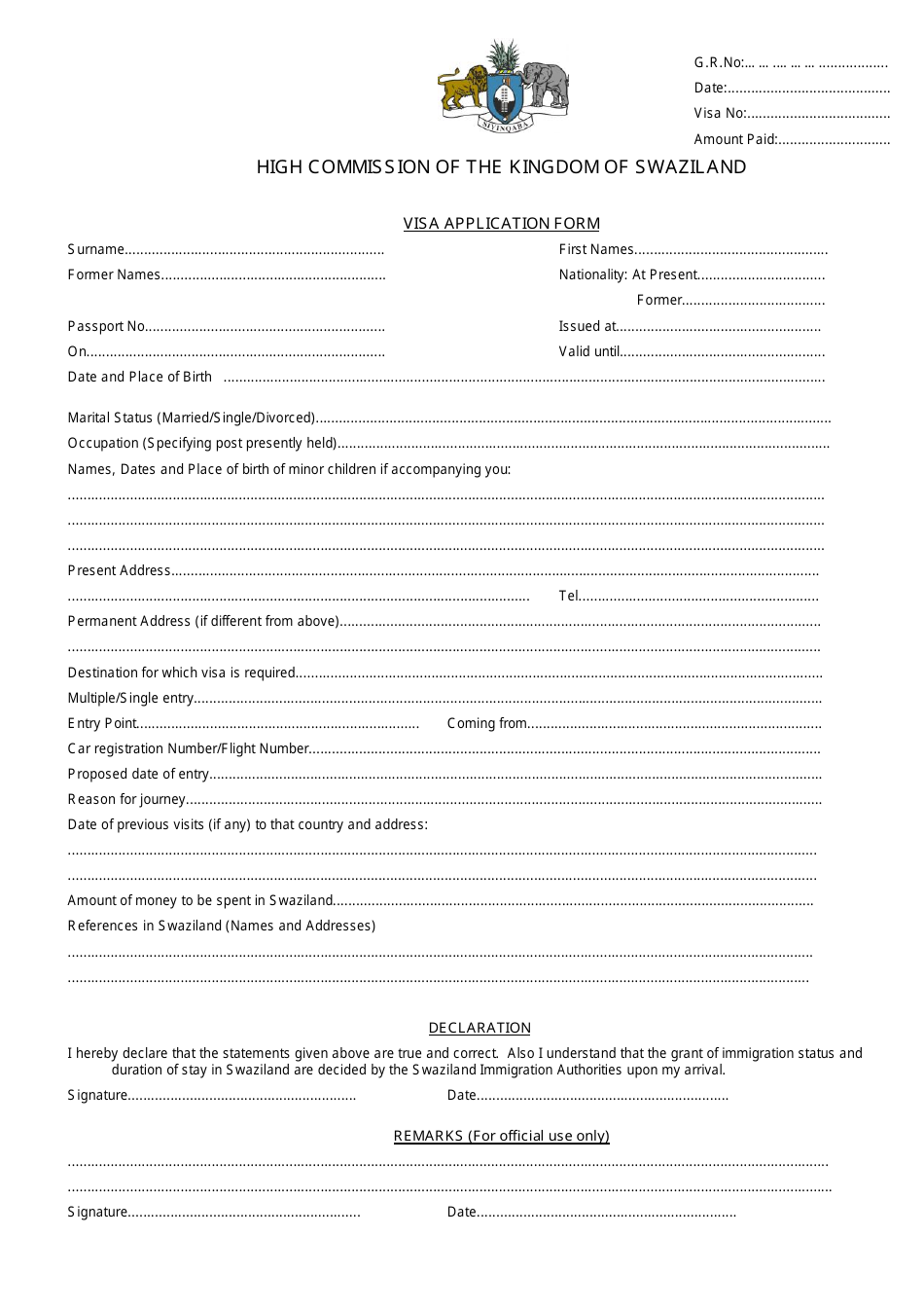 Swazilandian Visa Application Form - High Commission of the Kingdom of Swaziland - Federal Territory of Kuala Lumpur, Kuala Lumpur, Malaysia, Page 1