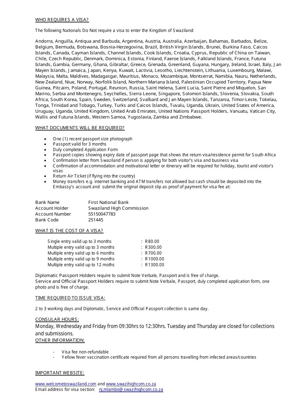 Swazilandian Visa Application Form - High Commission of the Kingdom of Swaziland - Federal Territory of Kuala Lumpur, Kuala Lumpur, Malaysia, Page 2