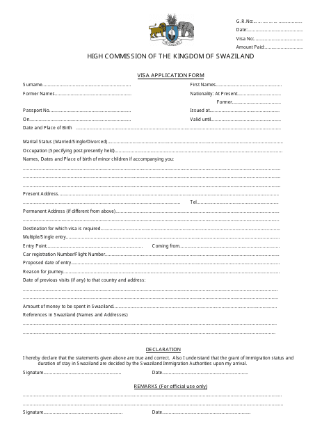 Swazilandian Visa Application Form - High Commission of the Kingdom of Swaziland - Federal Territory of Kuala Lumpur, Kuala Lumpur, Malaysia Download Pdf