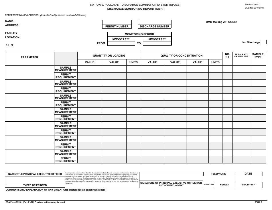 EPA Form 3320-1 Discharge Monitoring Report (Dmr) - National Pollutant Discharge Elimination System (Npdes), Page 1