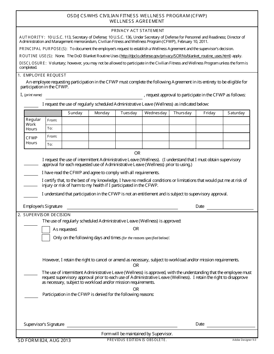 SD Form 824 Osd / Jcs / Wha Civilian Fitness Wellness Program (Cfwp) Wellness Agreement, Page 1