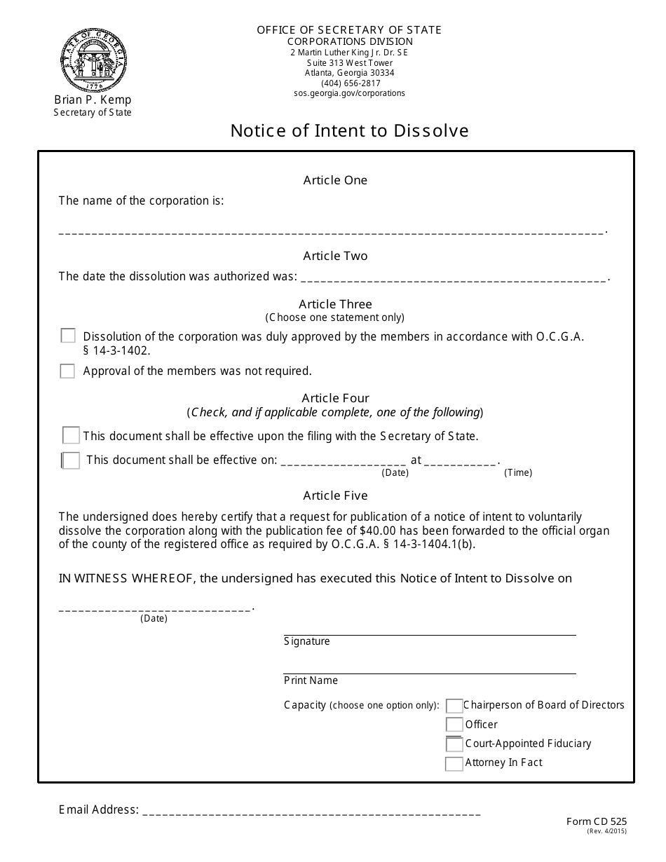 Form CD525 Notice of Intent to Dissolve - Georgia (United States), Page 1