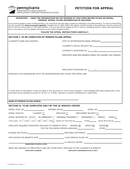 Form UC-46B Petition for Appeal - Pennsylvania