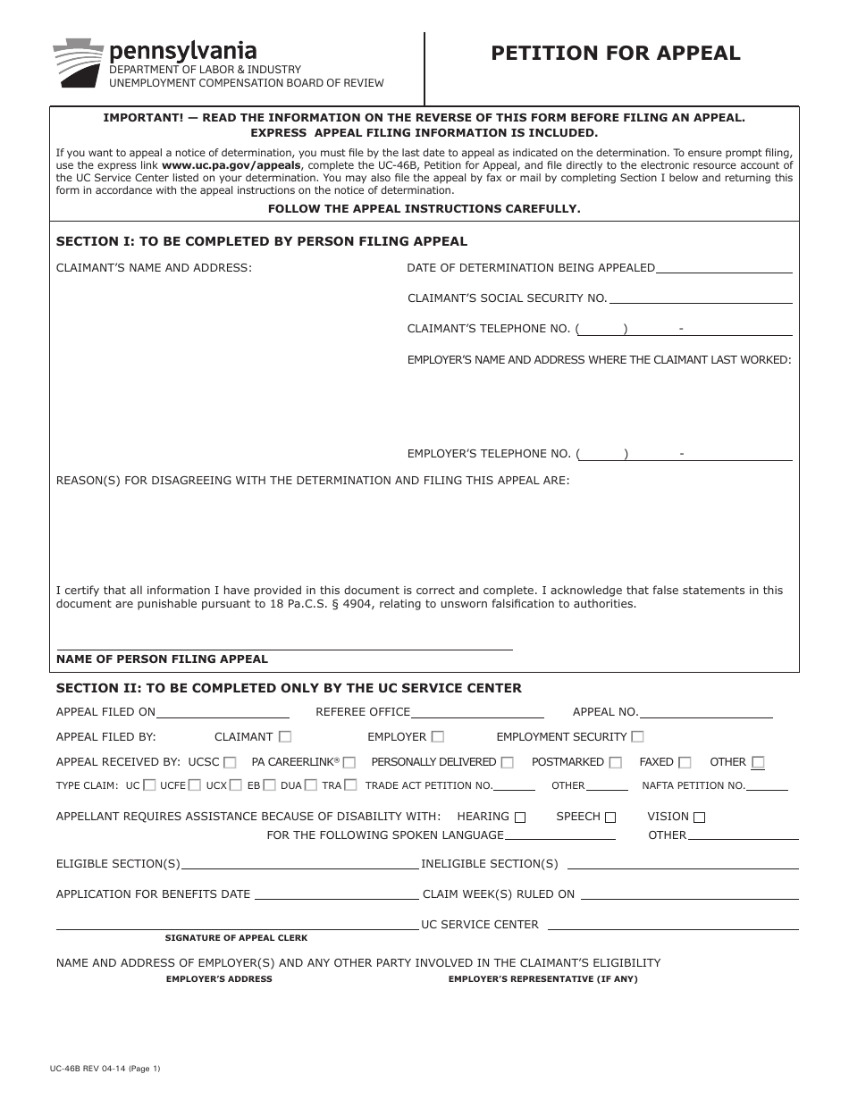 Form UC-46B Petition for Appeal - Pennsylvania, Page 1