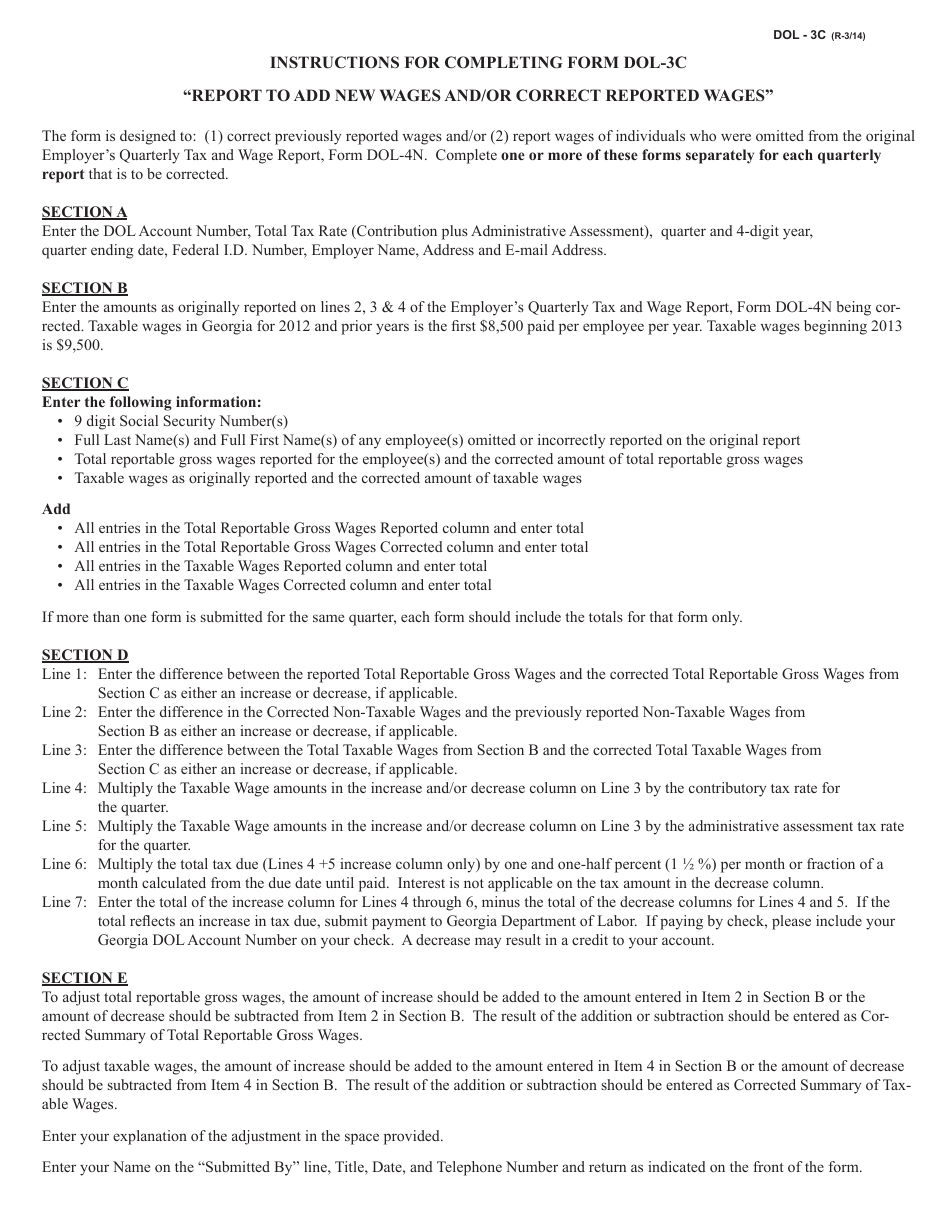 Form DOL-3C Report to Add New Wages and / or Correct Reported Wages - Georgia (United States), Page 2