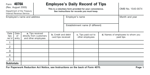 Document preview: IRS Form 4070A Employee's Daily Record of Tips