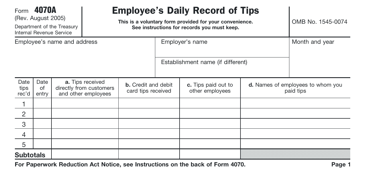 IRS Form 4070A Download Printable PDF Employee s Daily Record Of Tips 