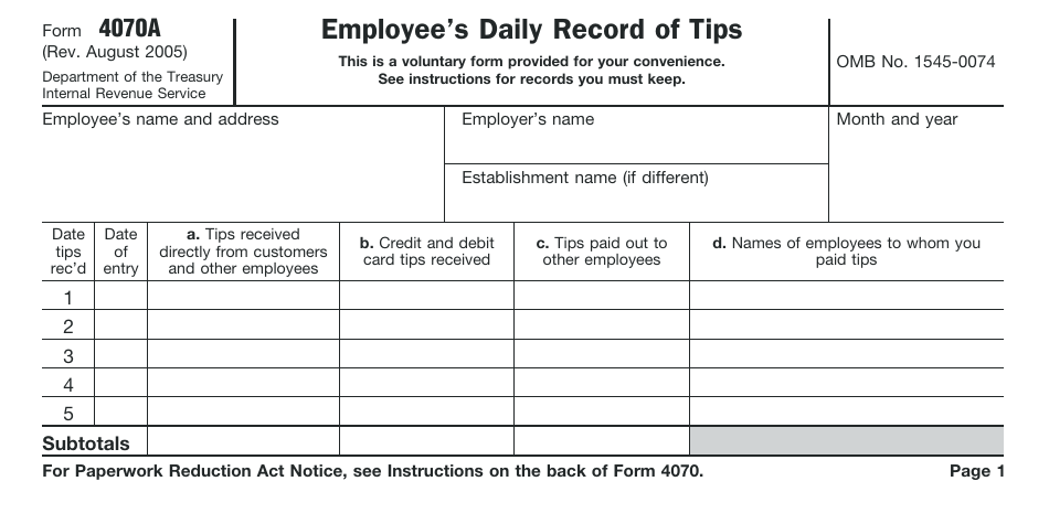 IRS Form 4070A Employees Daily Record of Tips, Page 1