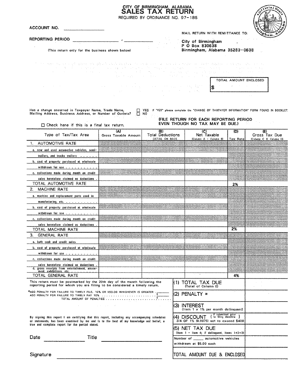Sales Tax Return Form - City of Birmingham, Alabama, Page 1