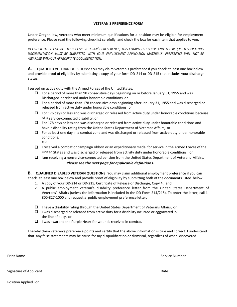 Form OAR839-006-0440 Veterans Preference Form - Oregon, Page 1