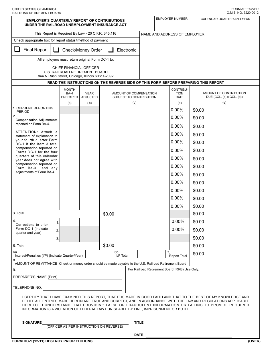 Form DC-1 Employers Quarterly Report of Contributions Under the Railroad Unemployment Insurance Act, Page 1