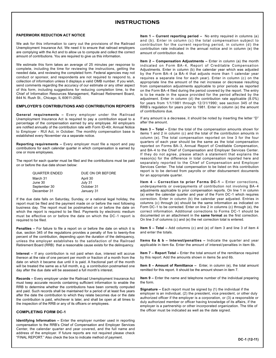 Form DC-1 Employers Quarterly Report of Contributions Under the Railroad Unemployment Insurance Act, Page 2