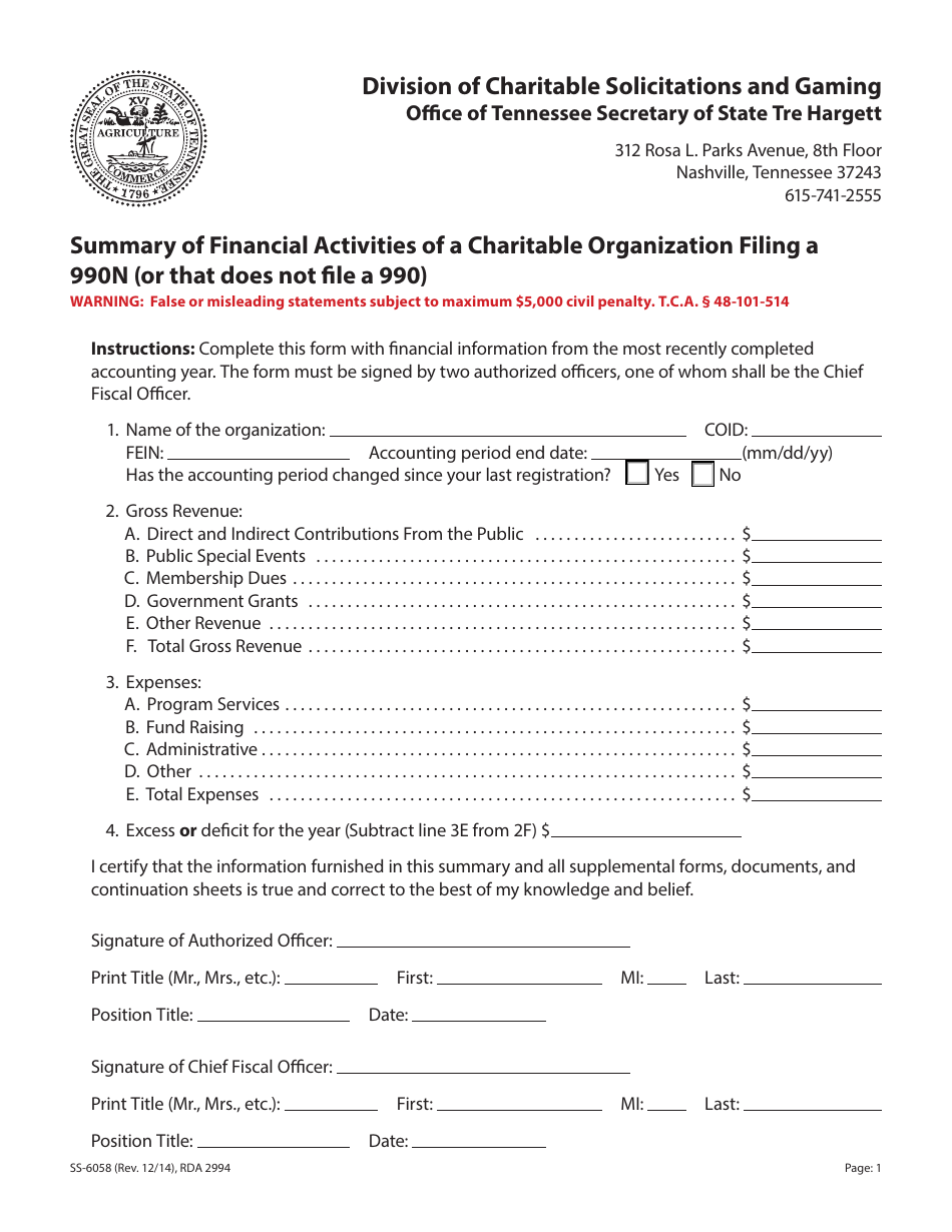 Form SS-6058 Summary of Financial Activities of a Charitable Organization Filing a 990n (Or That Does Not File a 990) - Tennessee, Page 1