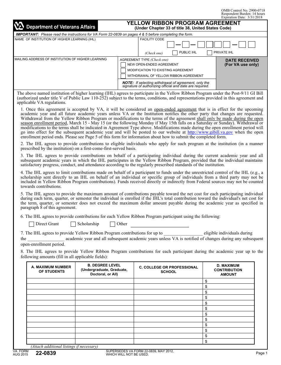VA Form 22-0839 Yellow Ribbon Program Agreement, Page 1