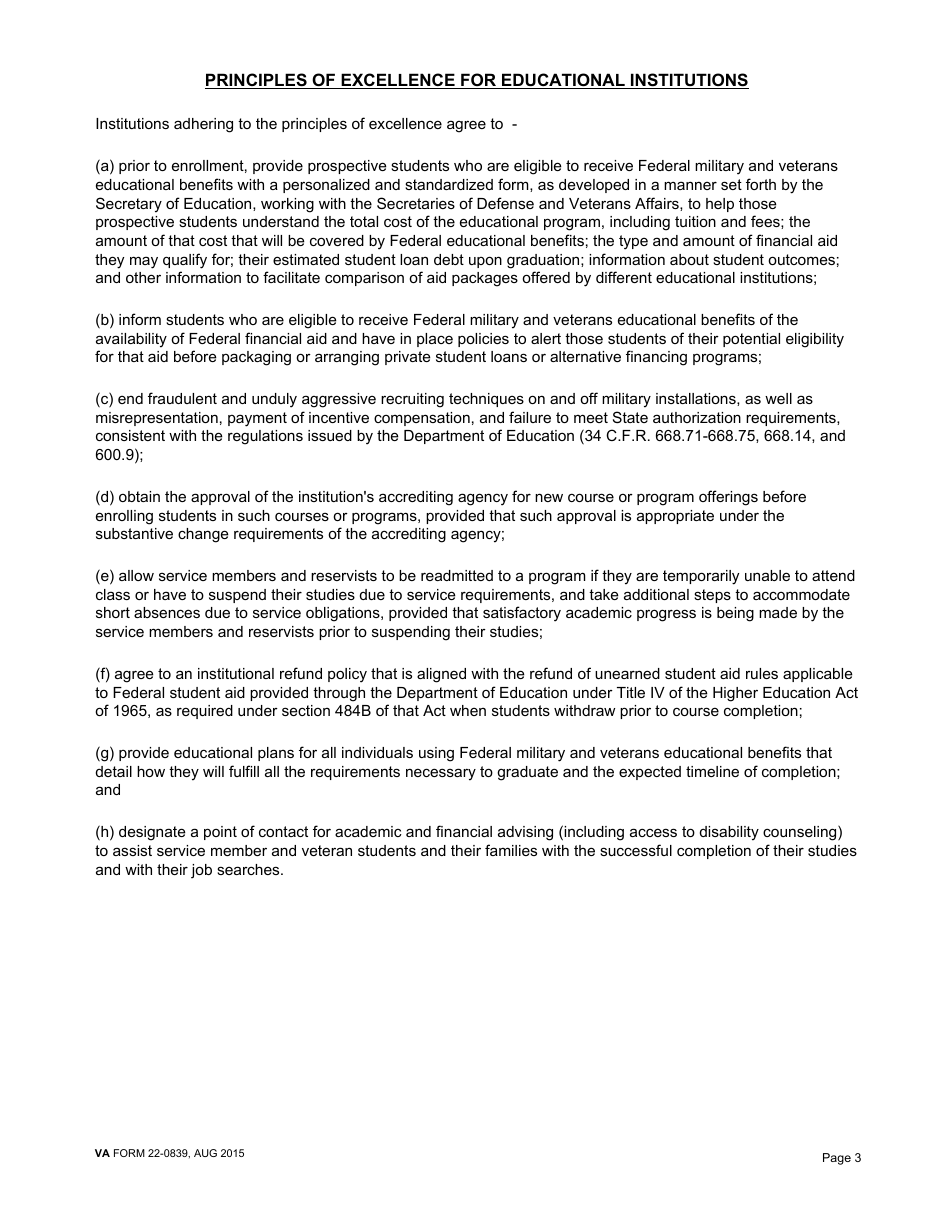VA Form 22-0839 Yellow Ribbon Program Agreement, Page 3