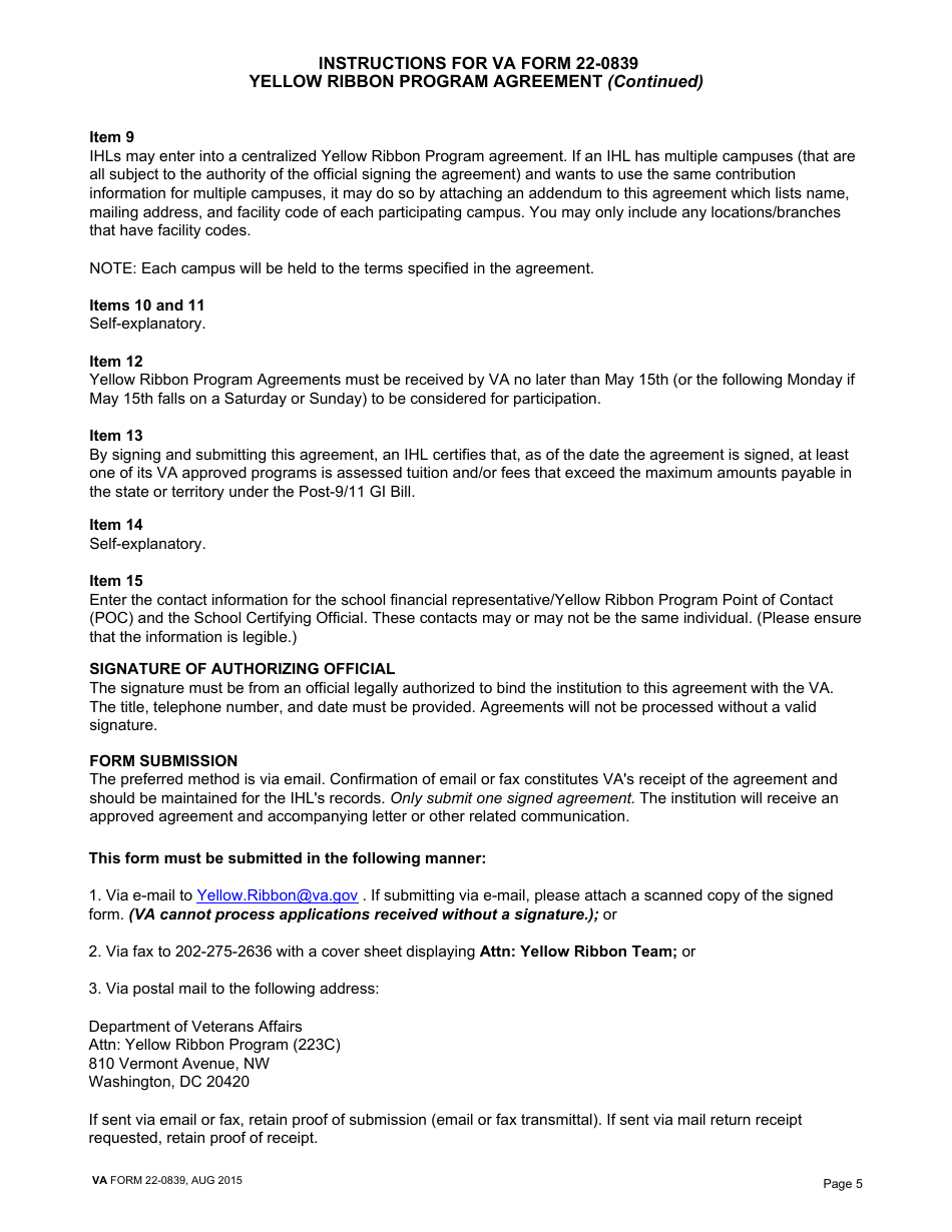 VA Form 22-0839 Yellow Ribbon Program Agreement, Page 5