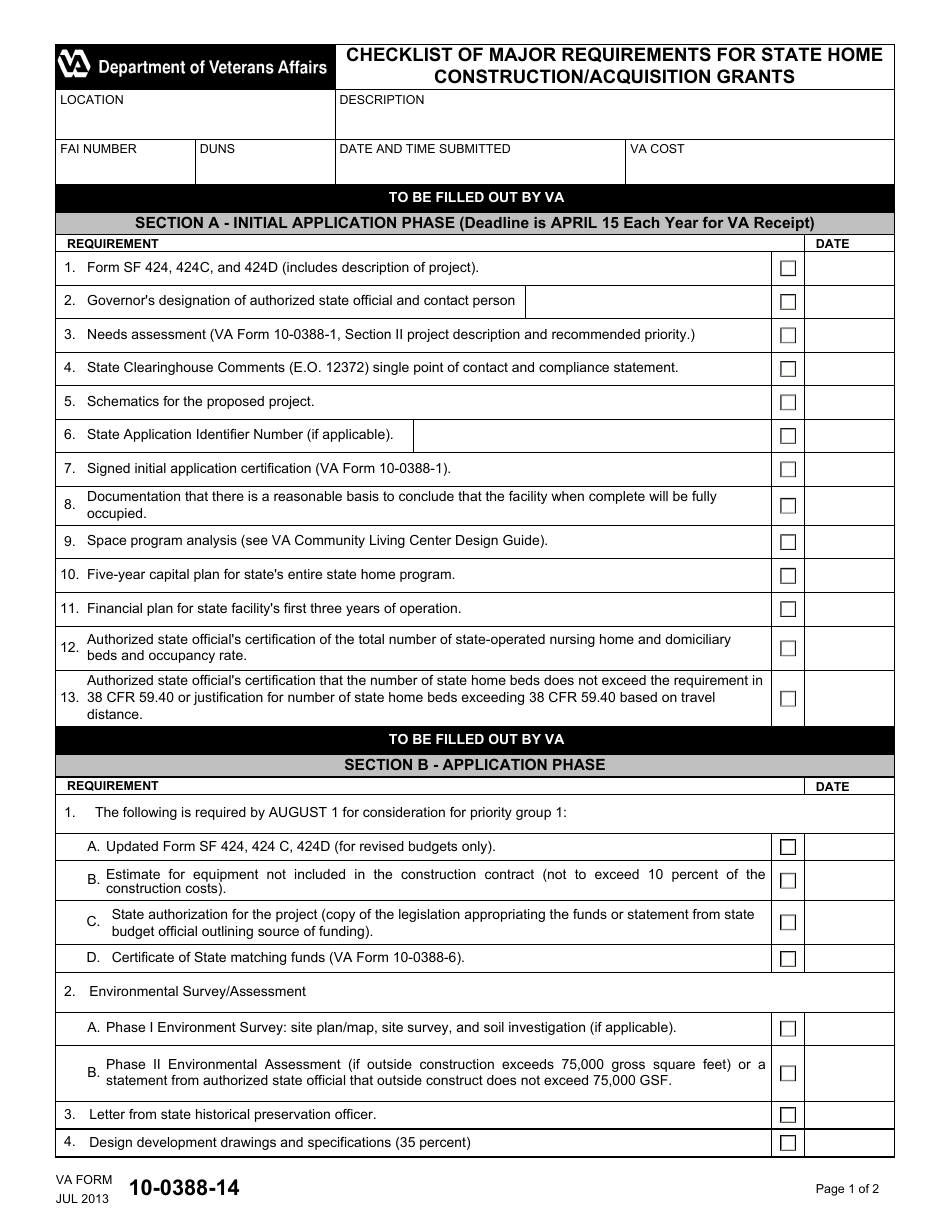 VA Form 10-0388-14 Checklist of Major Requirements for State Home Construction / Acquisition Grants, Page 1