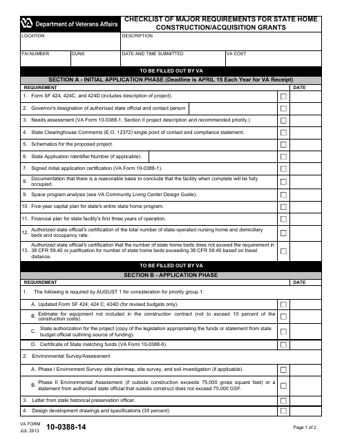 VA Form 10-0388-14 Checklist of Major Requirements for State Home Construction/Acquisition Grants