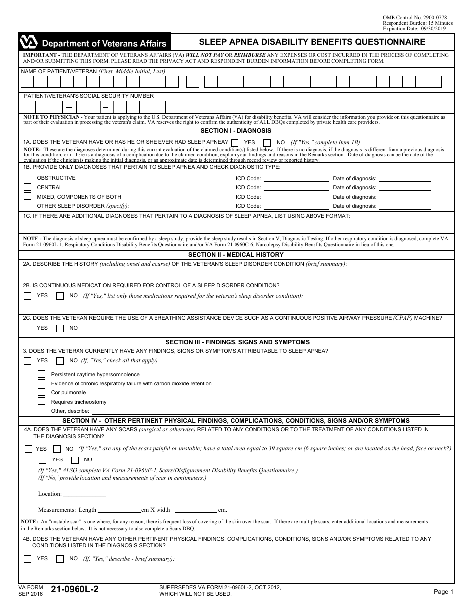 VA Form 21-0960L-2 Sleep Apnea Disability Benefits Questionnaire, Page 1