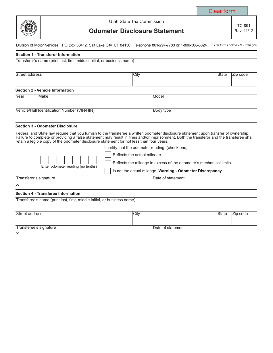Form TC-891 Odometer Disclosure Statement - Utah, Page 1