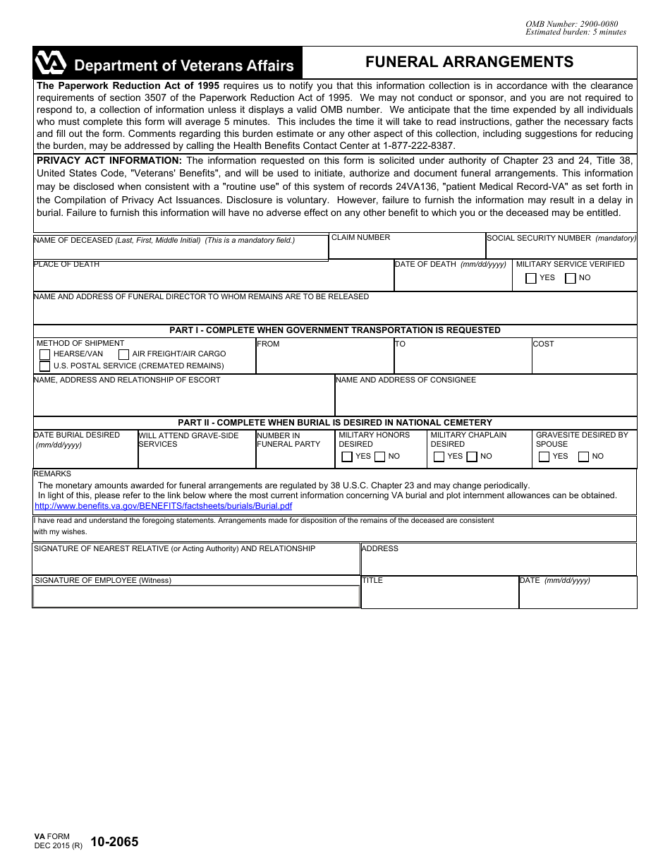 VA Form 10-2065 Funeral Arrangements, Page 1
