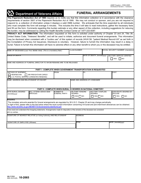 VA Form 10-2065 Funeral Arrangements