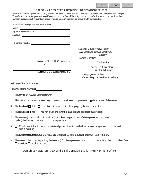 Form 11252 Appendix XI-X Verified Complaint - Nonpayment of Rent - New Jersey