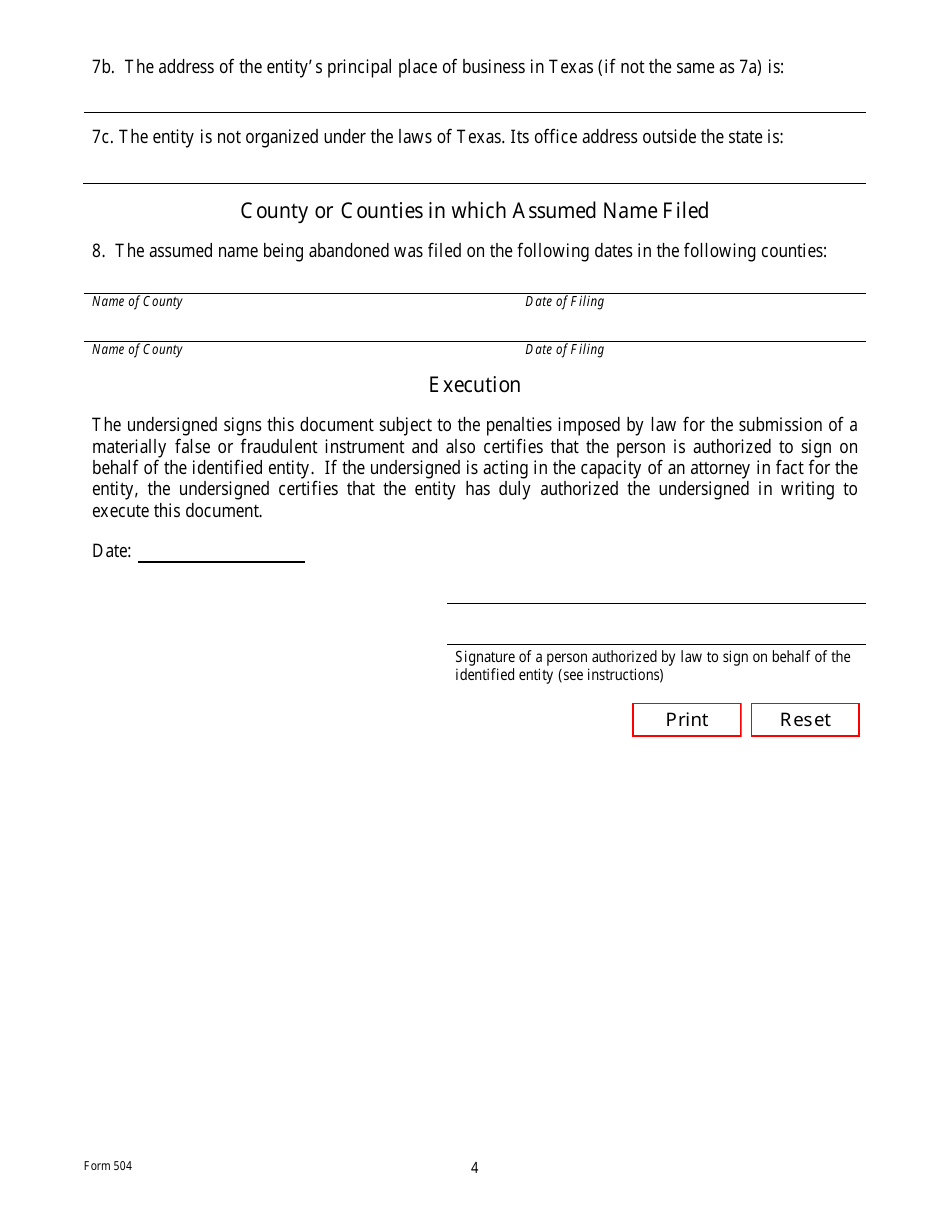 Form 504 Abandonment of Assumed Name Certificate - Texas, Page 4