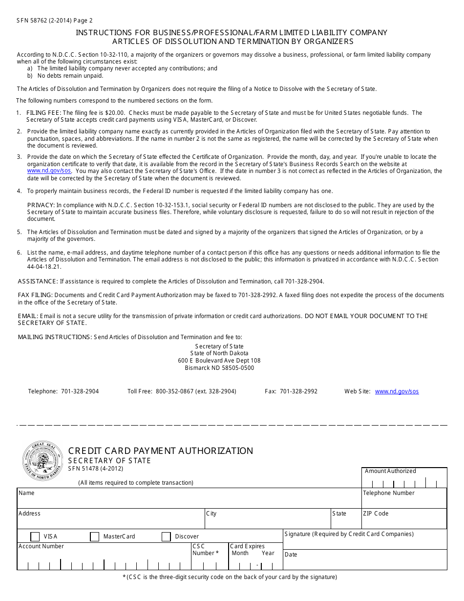 Form SFN58762 Business / Professional / Farm Limited Liability Company Articles of Dissolution and Termination by Organizers - North Dakota, Page 2