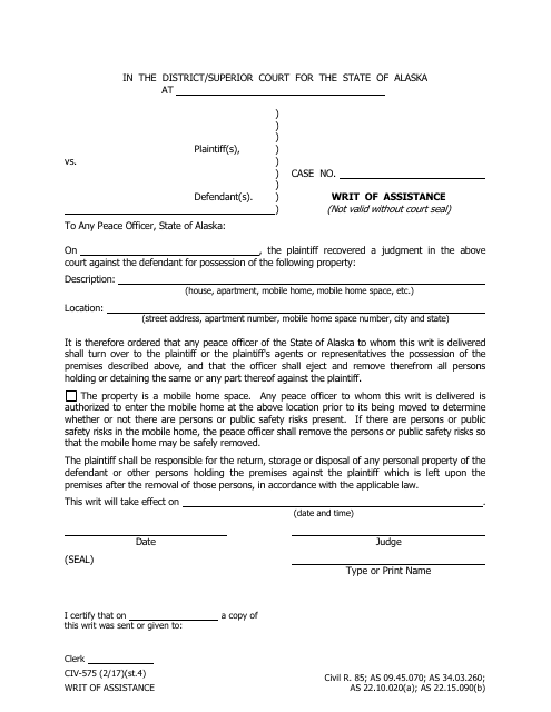 Form CIV-575 Writ of Assistance - Alaska