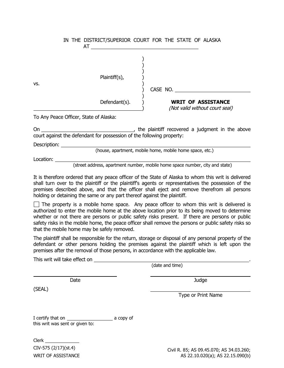 Form CIV-575 Writ of Assistance - Alaska, Page 1