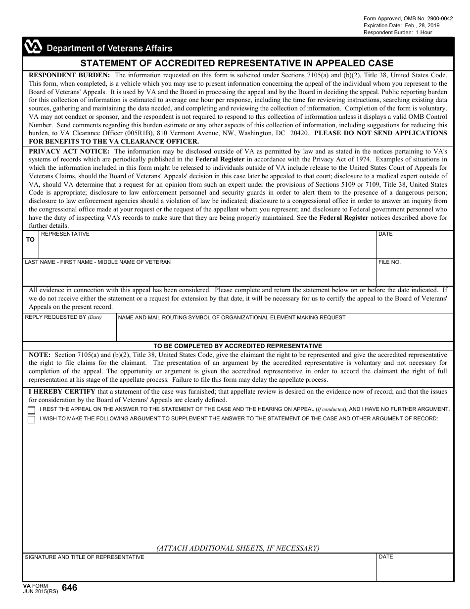 VA Form 646 Statement of Accredited Representative in Appealed Case, Page 1