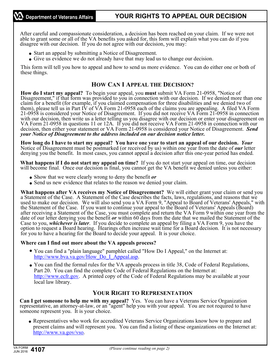 VA Form 4107 Your Rights to Appeal Our Decision, Page 1