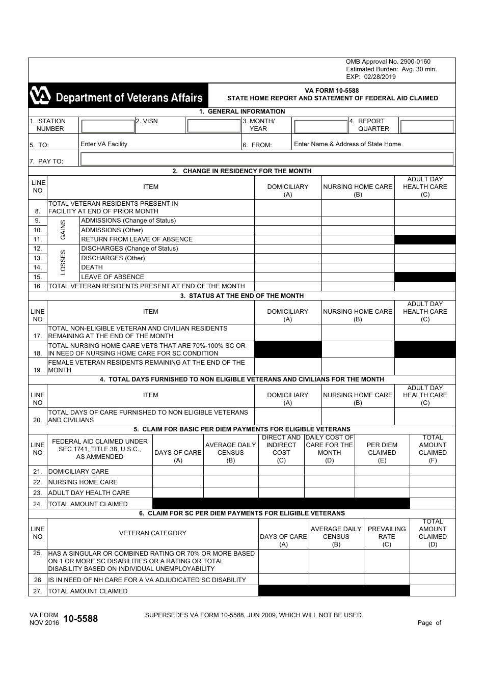 VA Form 10-5588 State Home Report and Statement of Federal Aid Claimed, Page 1