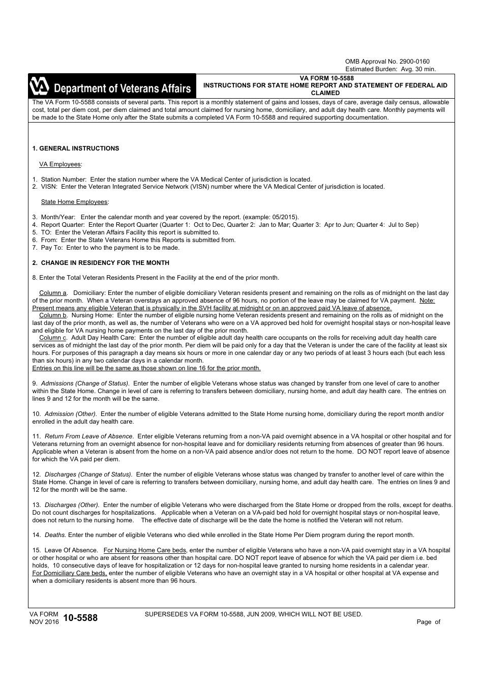 VA Form 10-5588 State Home Report and Statement of Federal Aid Claimed, Page 3