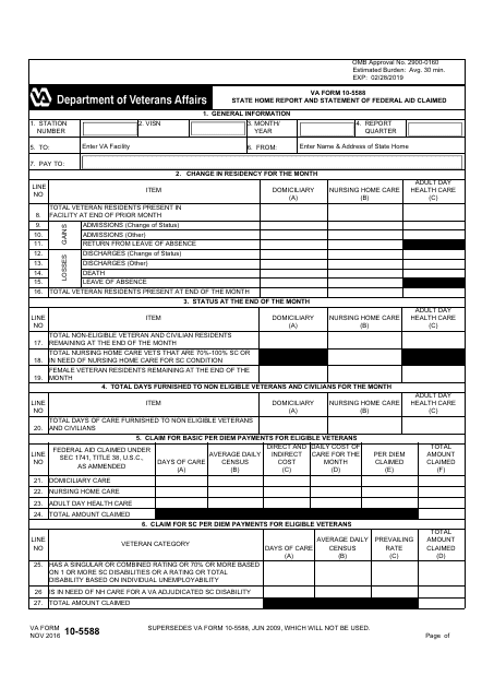 VA Form 10-5588 State Home Report and Statement of Federal Aid Claimed