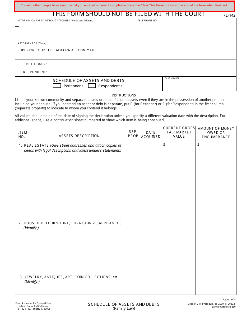 Form FL-142 Schedule of Assets and Debts (Family Law) - California, Page 1
