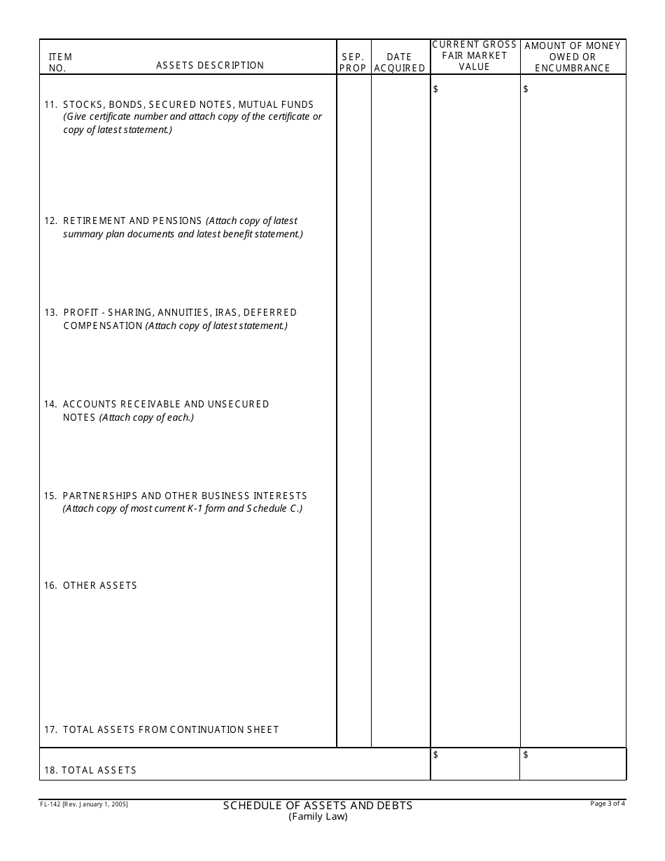 Form FL-142 Schedule of Assets and Debts (Family Law) - California, Page 3
