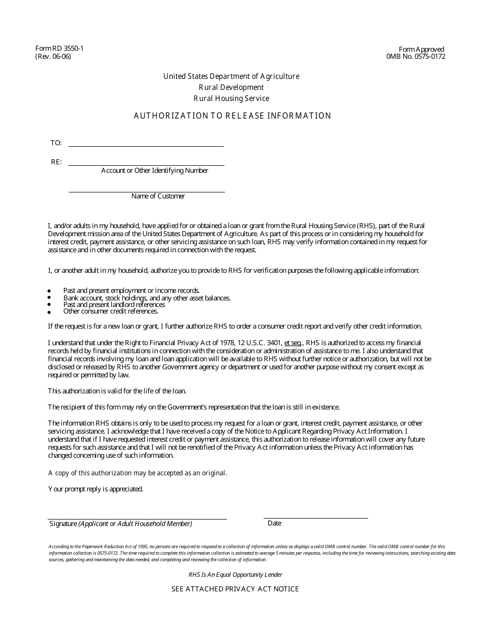 Form RD3550-1 Authorization to Release Information, Page 1