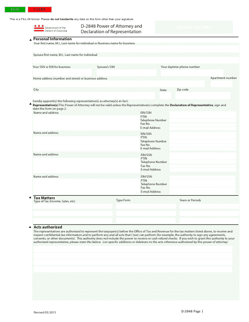 Form D-2848 Power of Attorney and Declaration of Representation - Washington, D.C.