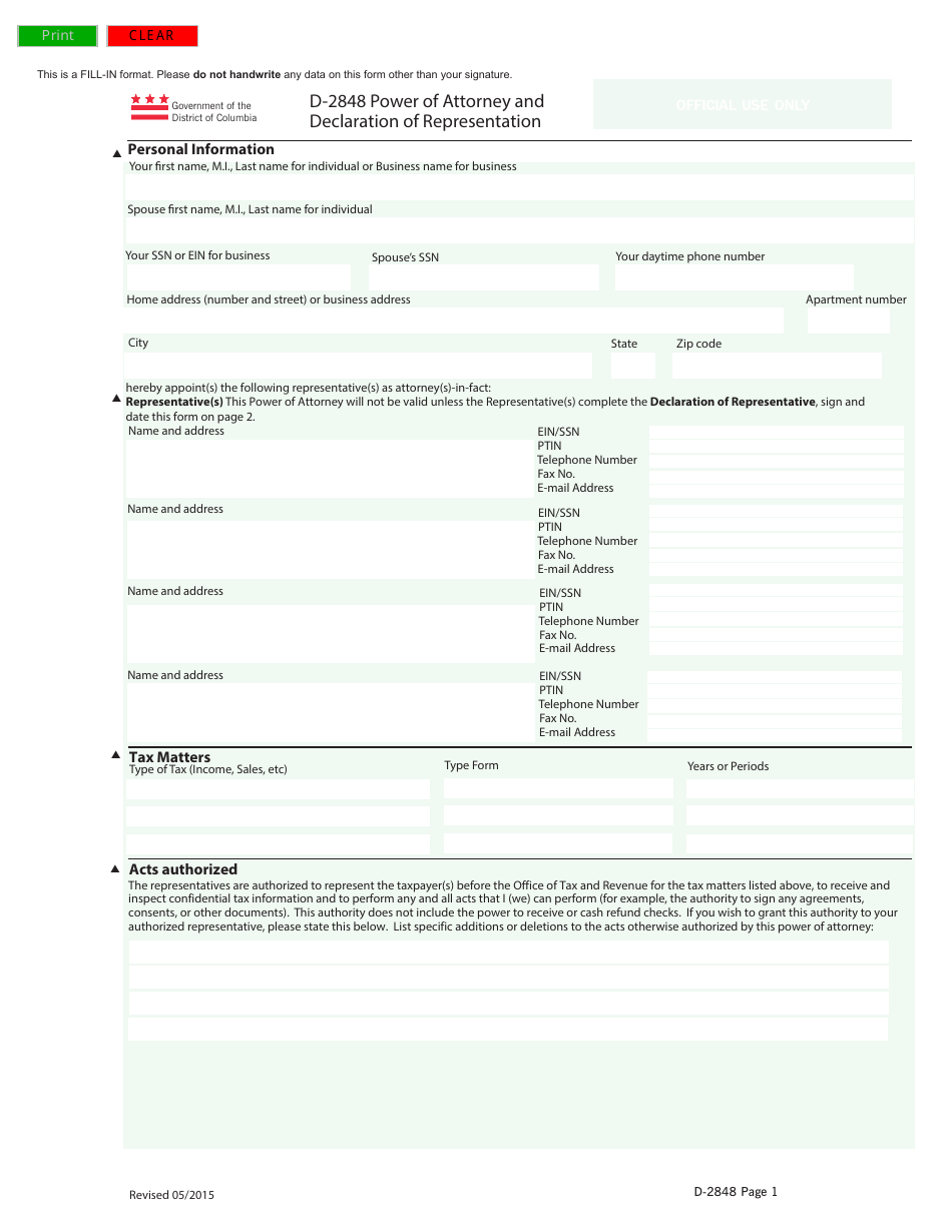 Form D-2848 Power of Attorney and Declaration of Representation - Washington, D.C., Page 1