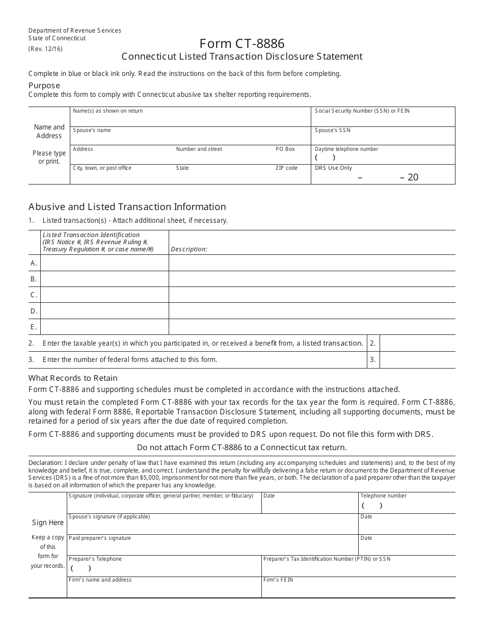 Form CT-8886 Connecticut Listed Transaction Disclosure Statement - Connecticut, Page 1