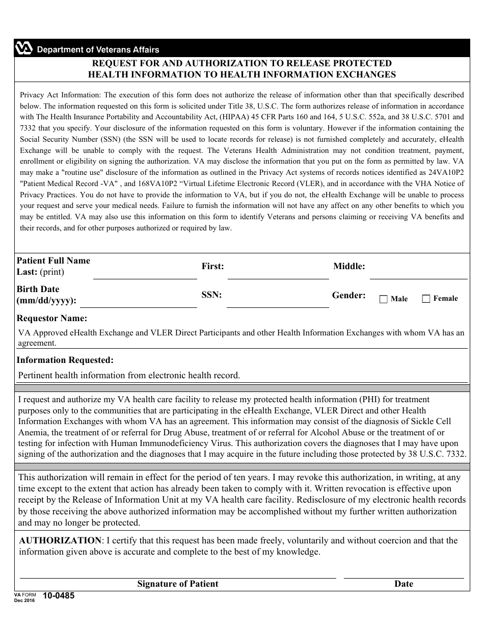 VA Form 10-0485 Request for and Authorization to Release Protected Health Information to Health Information Exchanges, Page 1