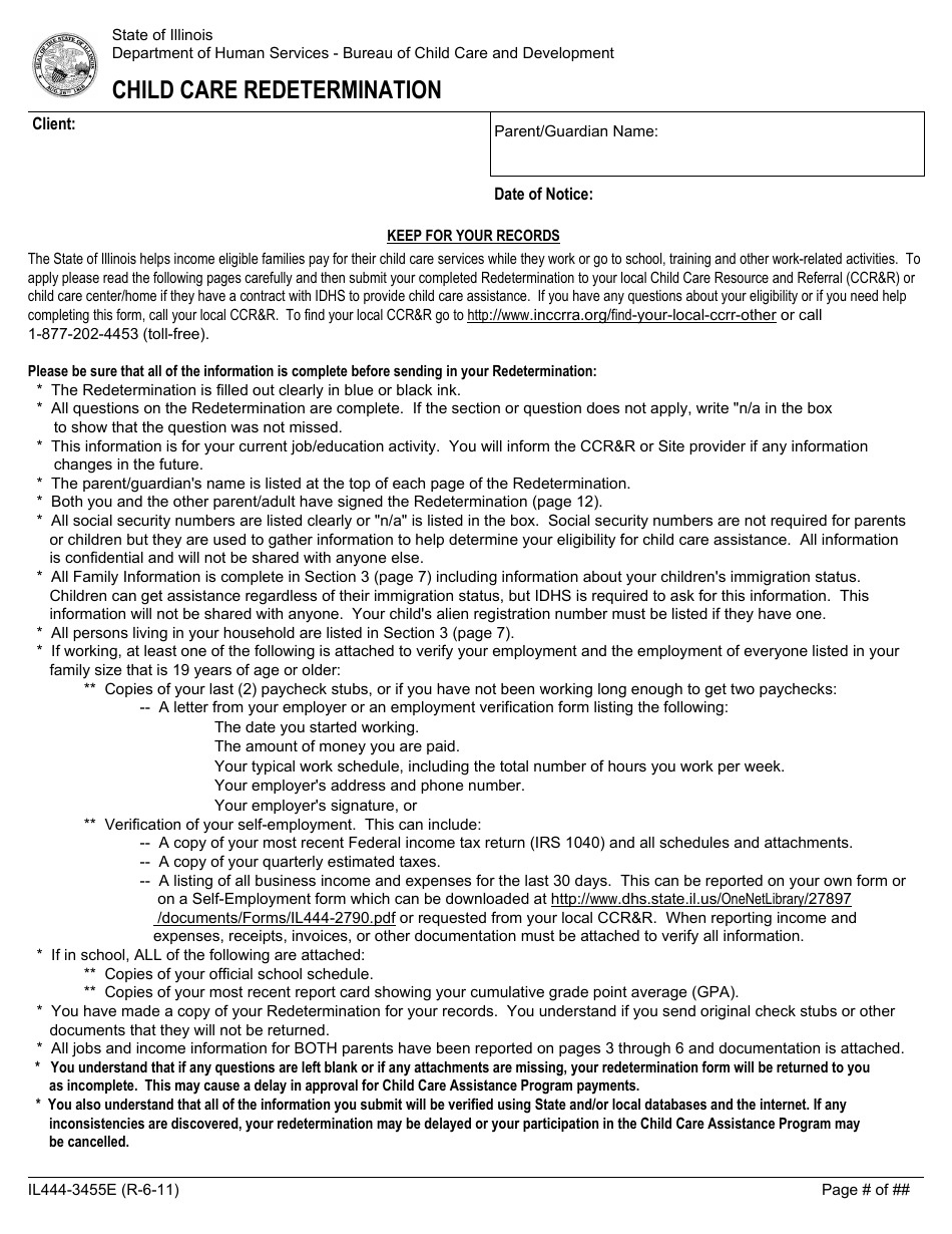 Form IL444-3455E Child Care Redetermination - Illinois, Page 1