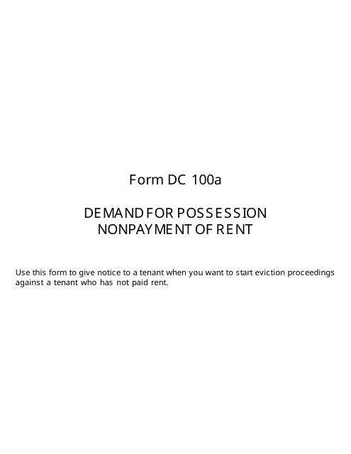 Form DC100A Demand for Possession, Nonpayment of Rent - Michigan